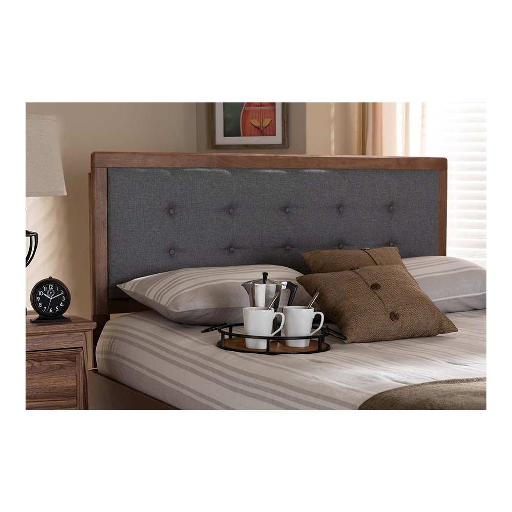 Dark Grey Fabric Upholstered Walnut Brown Finished Wood Full Size Headboard. Picture 17