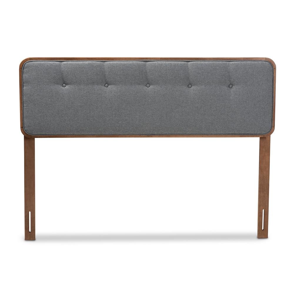 Dark Grey Fabric Upholstered Walnut Brown Finished Wood Queen Size Headboard. Picture 10