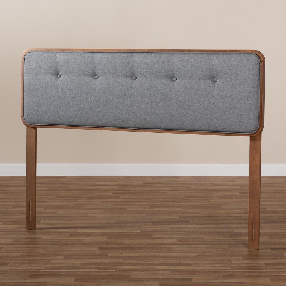 Dark Grey Fabric Upholstered Walnut Brown Finished Wood Queen Size Headboard. Picture 13