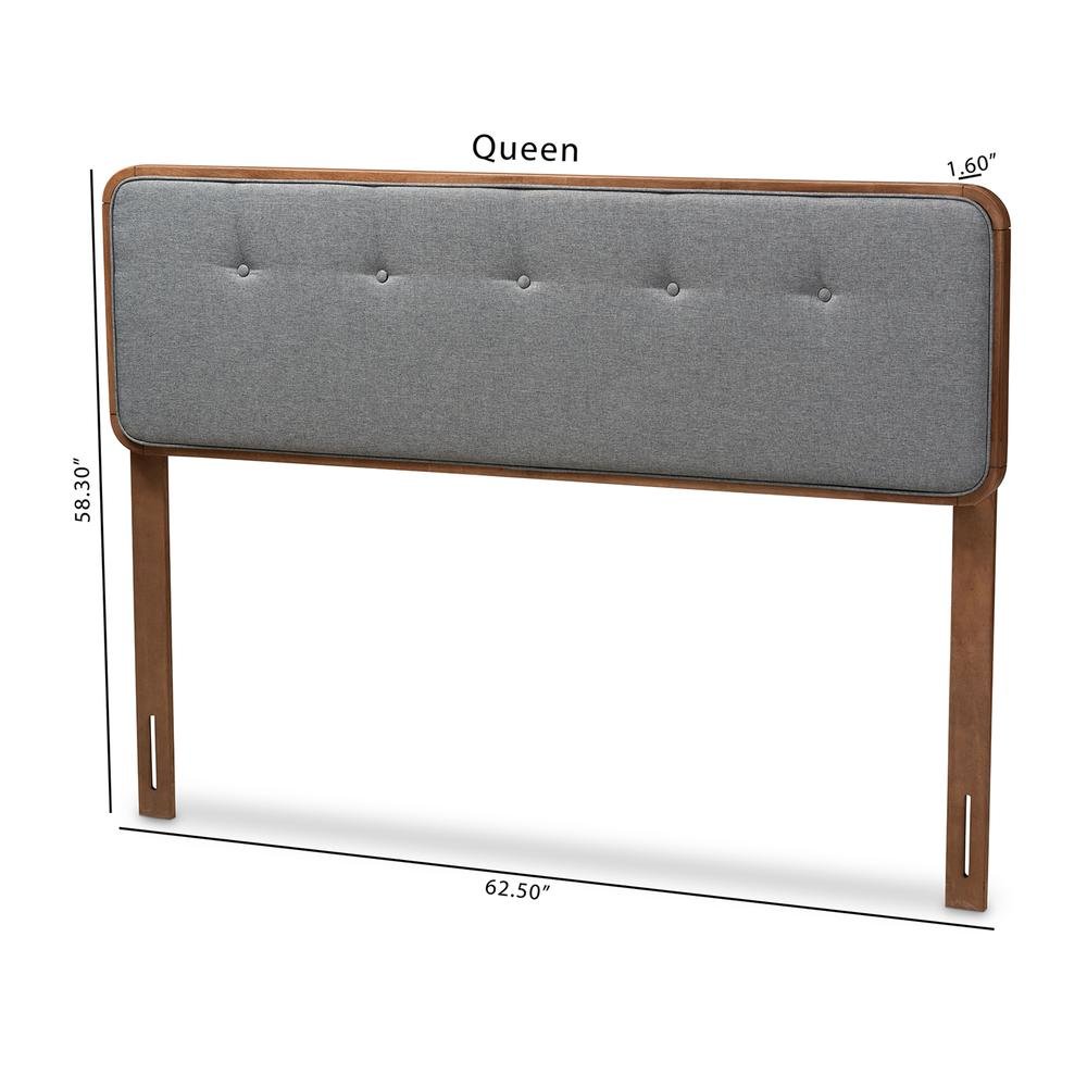 Dark Grey Fabric Upholstered Walnut Brown Finished Wood Queen Size Headboard. Picture 15