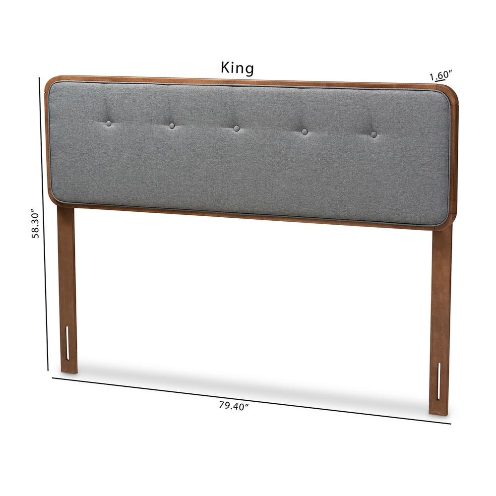 Dark Grey Fabric Upholstered Walnut Brown Finished Wood Queen Size Headboard. Picture 16