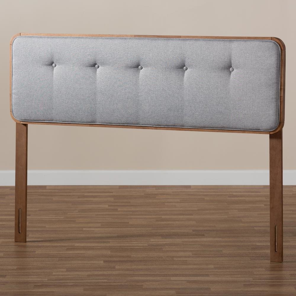 Light Grey Fabric Upholstered Walnut Brown Finished Wood Queen Size Headboard. Picture 13