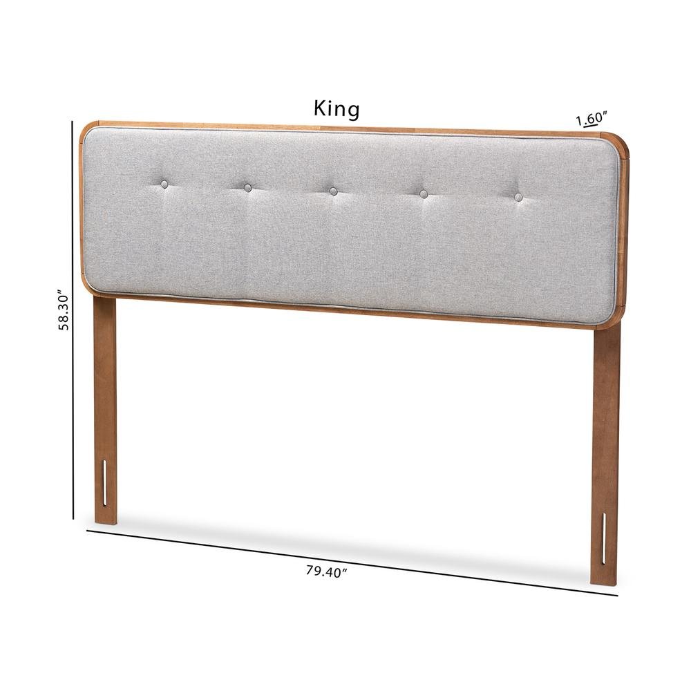 Light Grey Fabric Upholstered Walnut Brown Finished Wood Queen Size Headboard. Picture 16