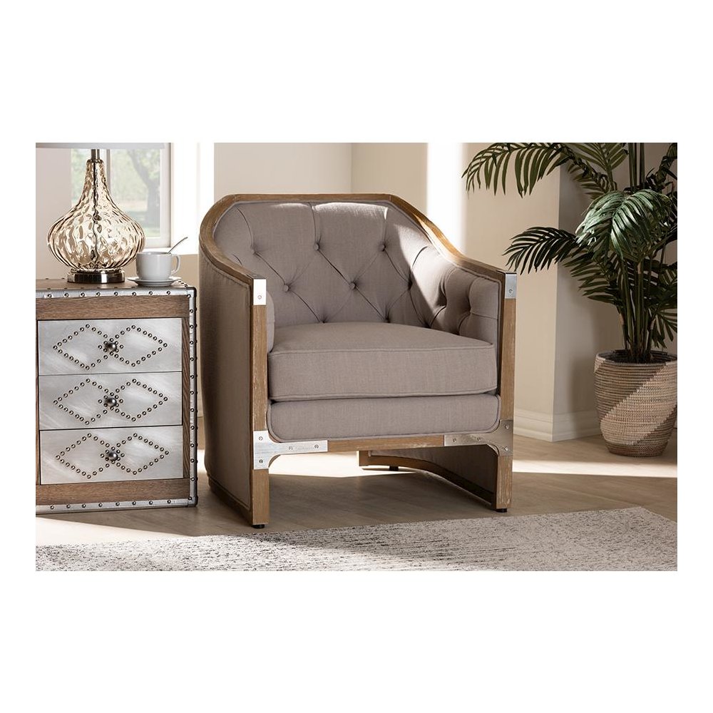 Whitewashed Oak Wood Armchair with Metal Accents. Picture 19