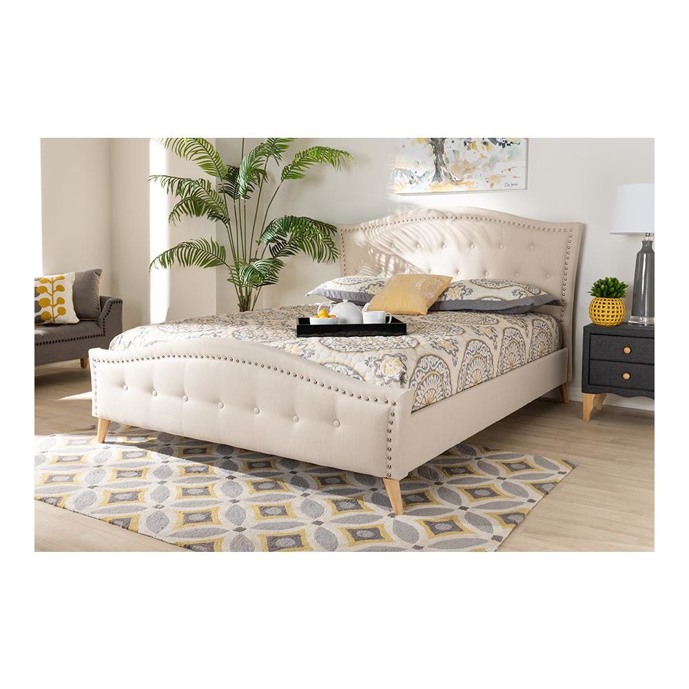 Beige Fabric Upholstered and Button Tufted King Size Platform Bed. Picture 19