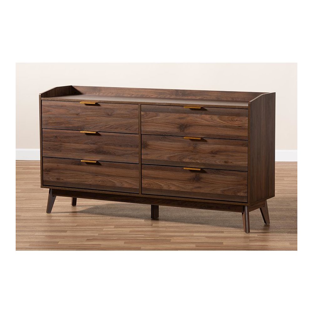 Lena Mid-Century Modern Walnut Brown Finished 6-Drawer Wood Dresser. Picture 19