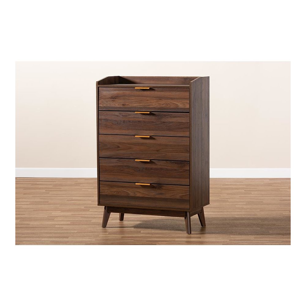 Lena Mid-Century Modern Walnut Brown Finished 5-Drawer Wood Chest. Picture 19