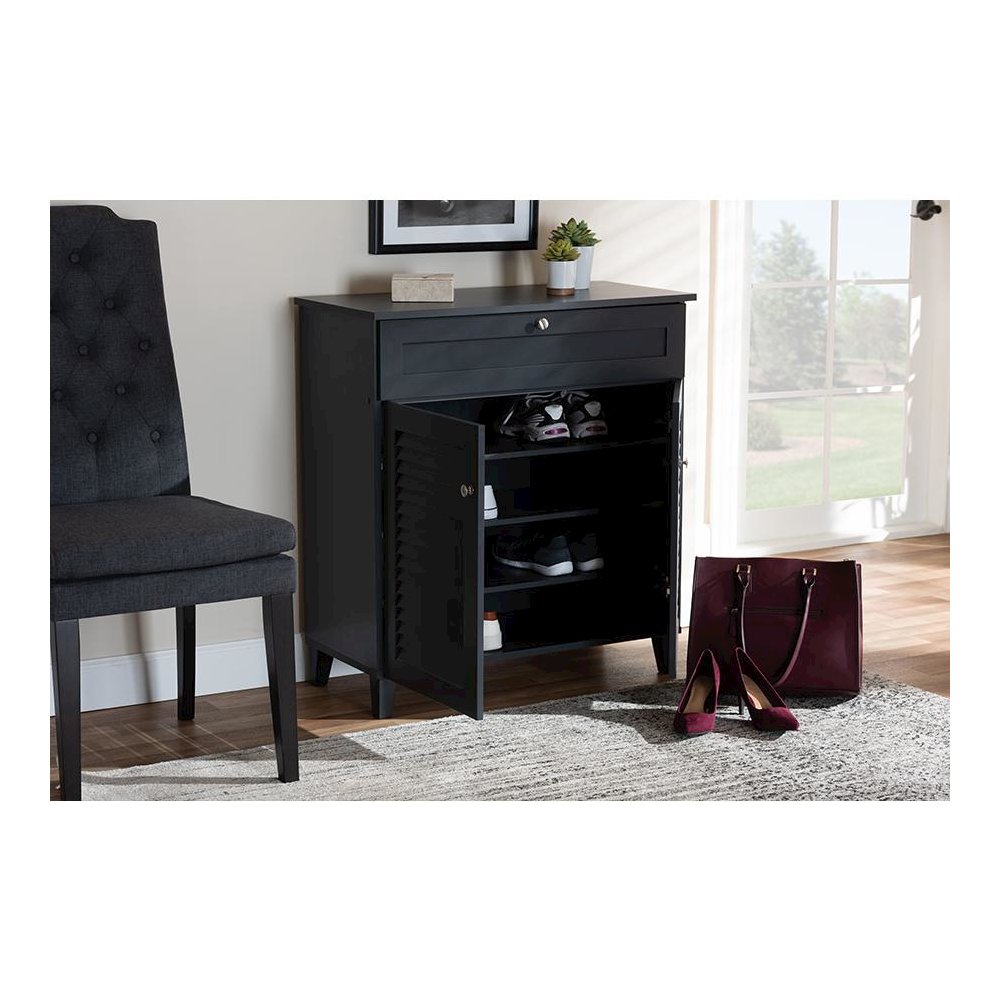 Dark Grey Finished 4-Shelf Wood Shoe Storage Cabinet with Drawer. Picture 21