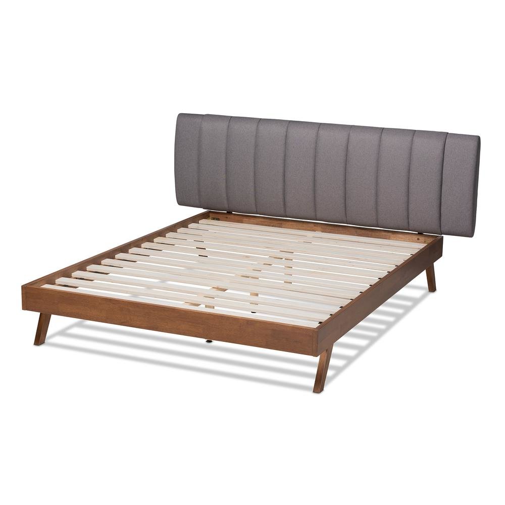 Grey Fabric Upholstered Walnut Finished Wood King Size Bed. Picture 12