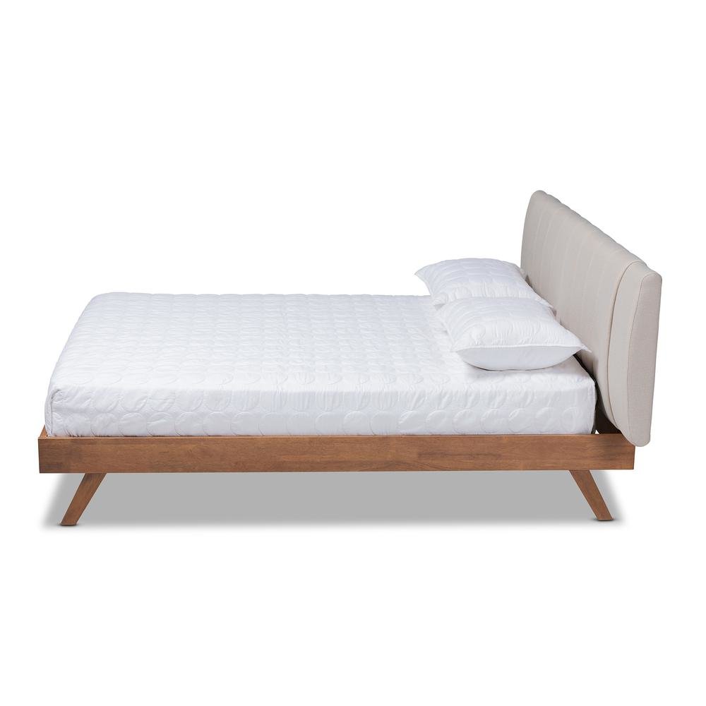 Light Beige Fabric Upholstered Walnut Finished Wood King Size Bed. Picture 11