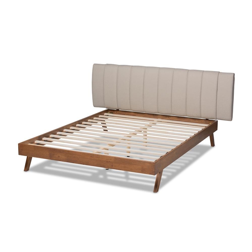 Light Beige Fabric Upholstered Walnut Finished Wood King Size Bed. Picture 12