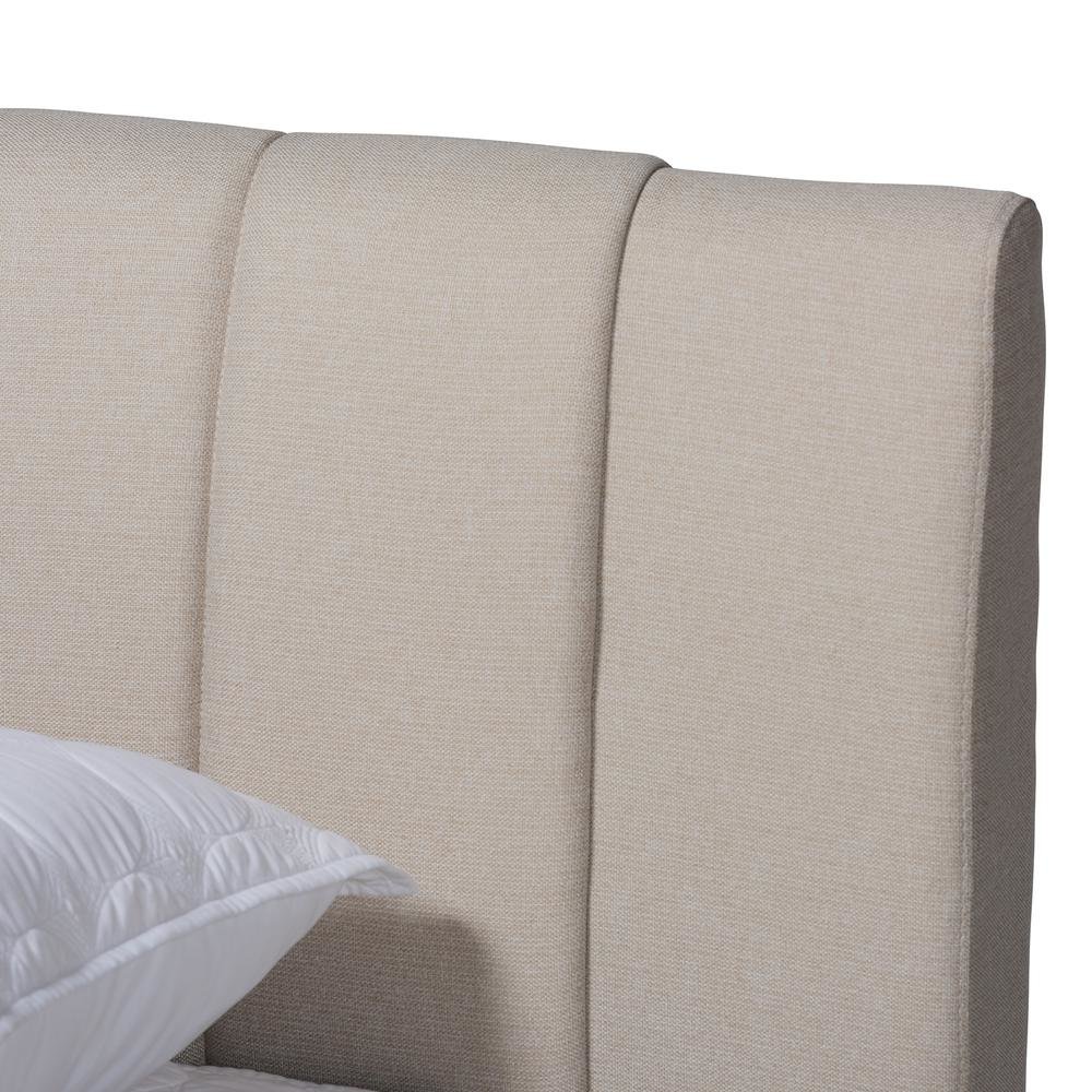 Light Beige Fabric Upholstered Walnut Finished Wood King Size Bed. Picture 13