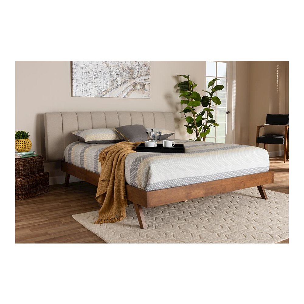 Light Beige Fabric Upholstered Walnut Finished Wood Queen Size Bed. Picture 19