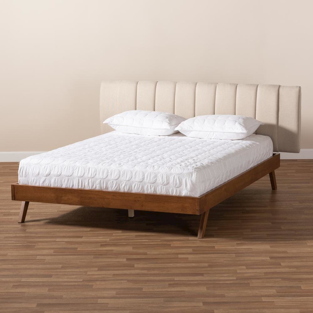 Light Beige Fabric Upholstered Walnut Finished Wood King Size Bed. Picture 16
