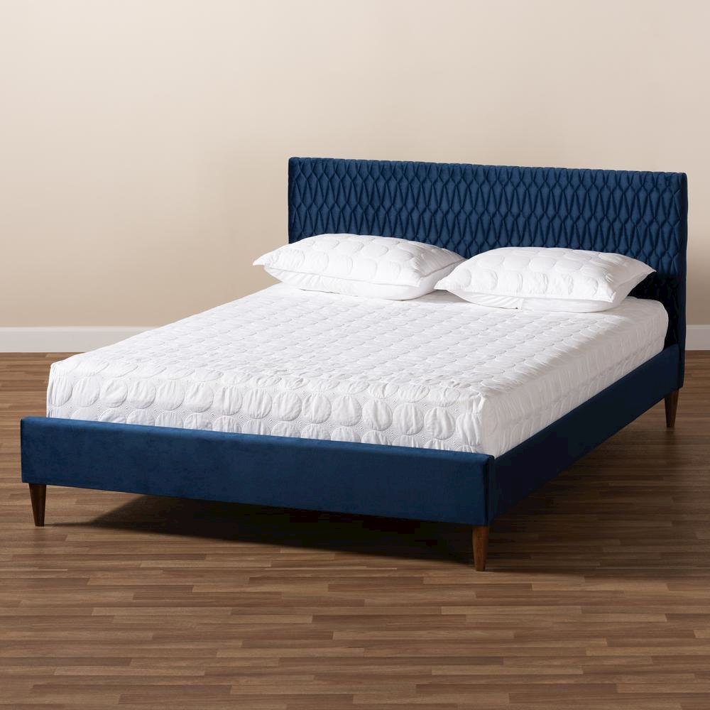 Frida Glam and Luxe Royal Blue Velvet Fabric Upholstered Queen Size Bed. Picture 16