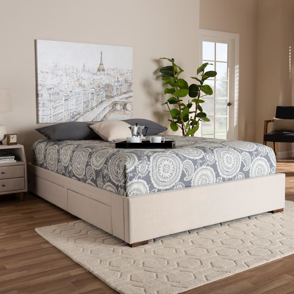 Beige Fabric Upholstered 4-Drawer King Size Platform Storage Bed Frame. Picture 17