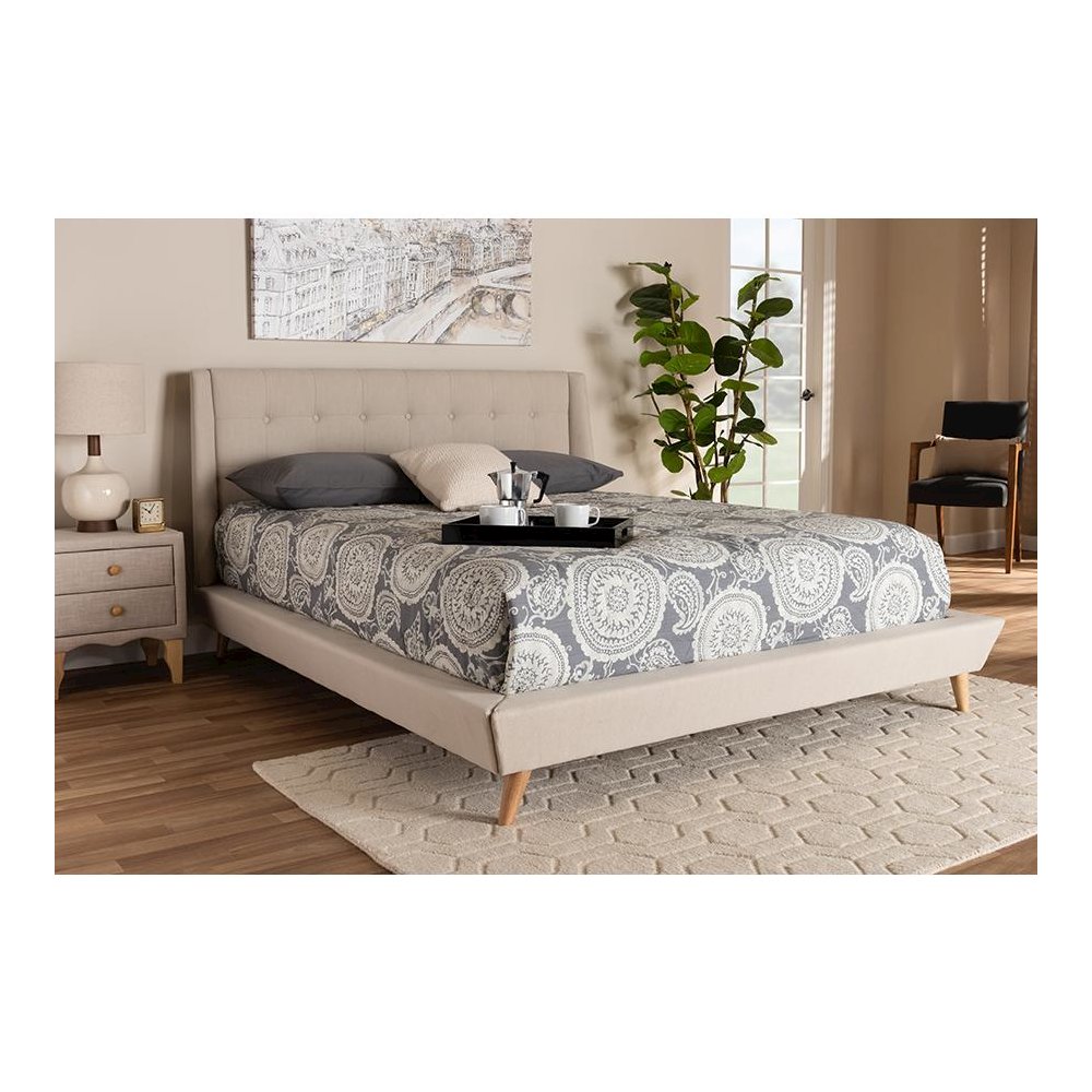 Naya Mid-Century Modern Beige Fabric Upholstered King Size Wingback Platform Bed. Picture 19