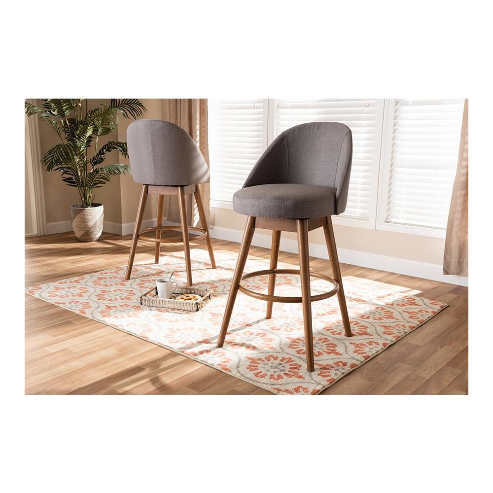 Grey Fabric Upholstered Walnut-Finished Wood Swivel Bar Stool Set of 2. Picture 17