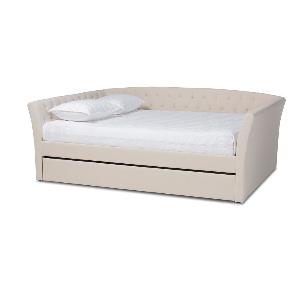 Beige Fabric Upholstered Queen Size Daybed with Roll-Out Trundle Bed. Picture 12