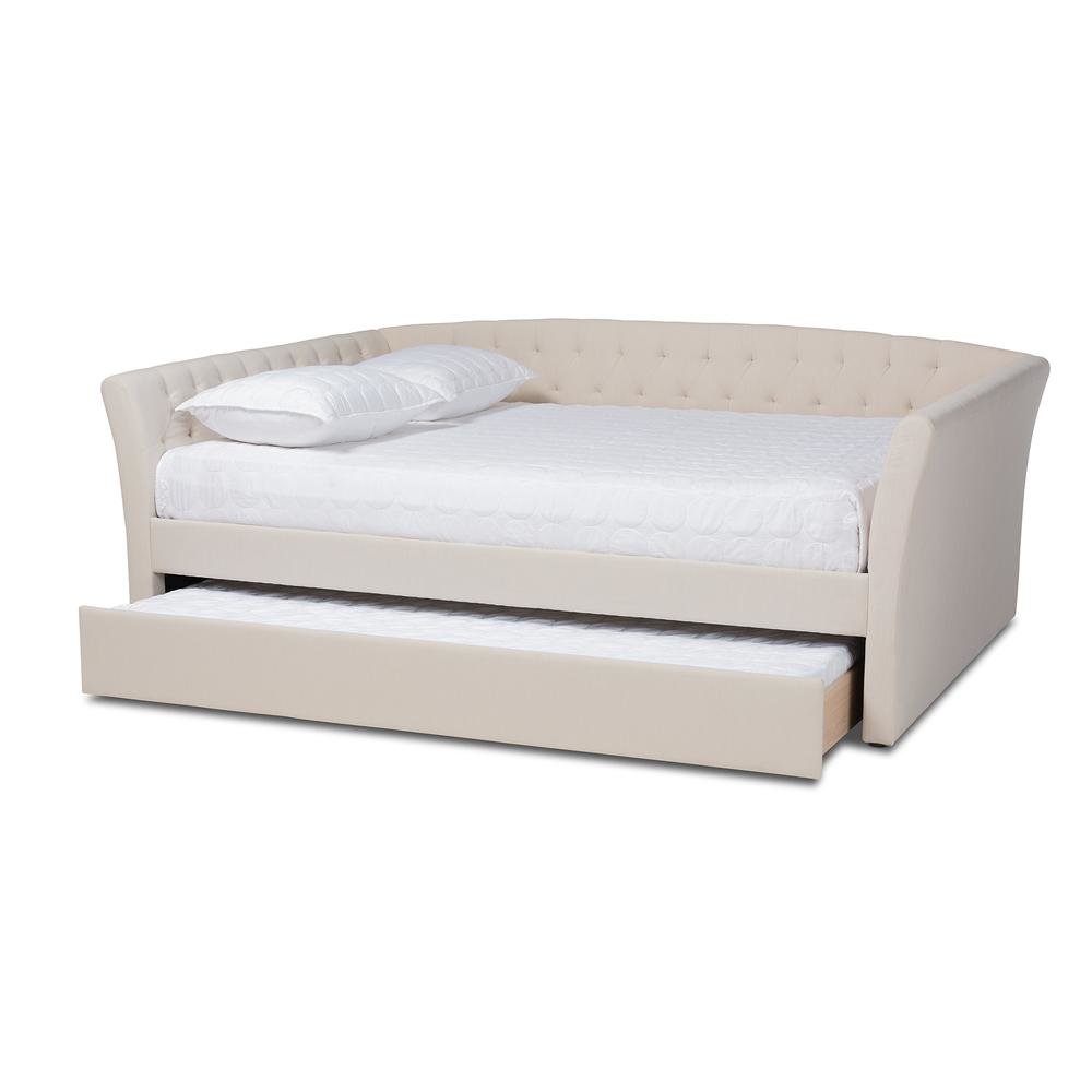 Beige Fabric Upholstered Queen Size Daybed with Roll-Out Trundle Bed. Picture 13