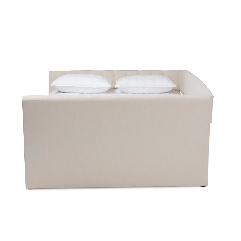 Beige Fabric Upholstered Queen Size Daybed with Roll-Out Trundle Bed. Picture 14