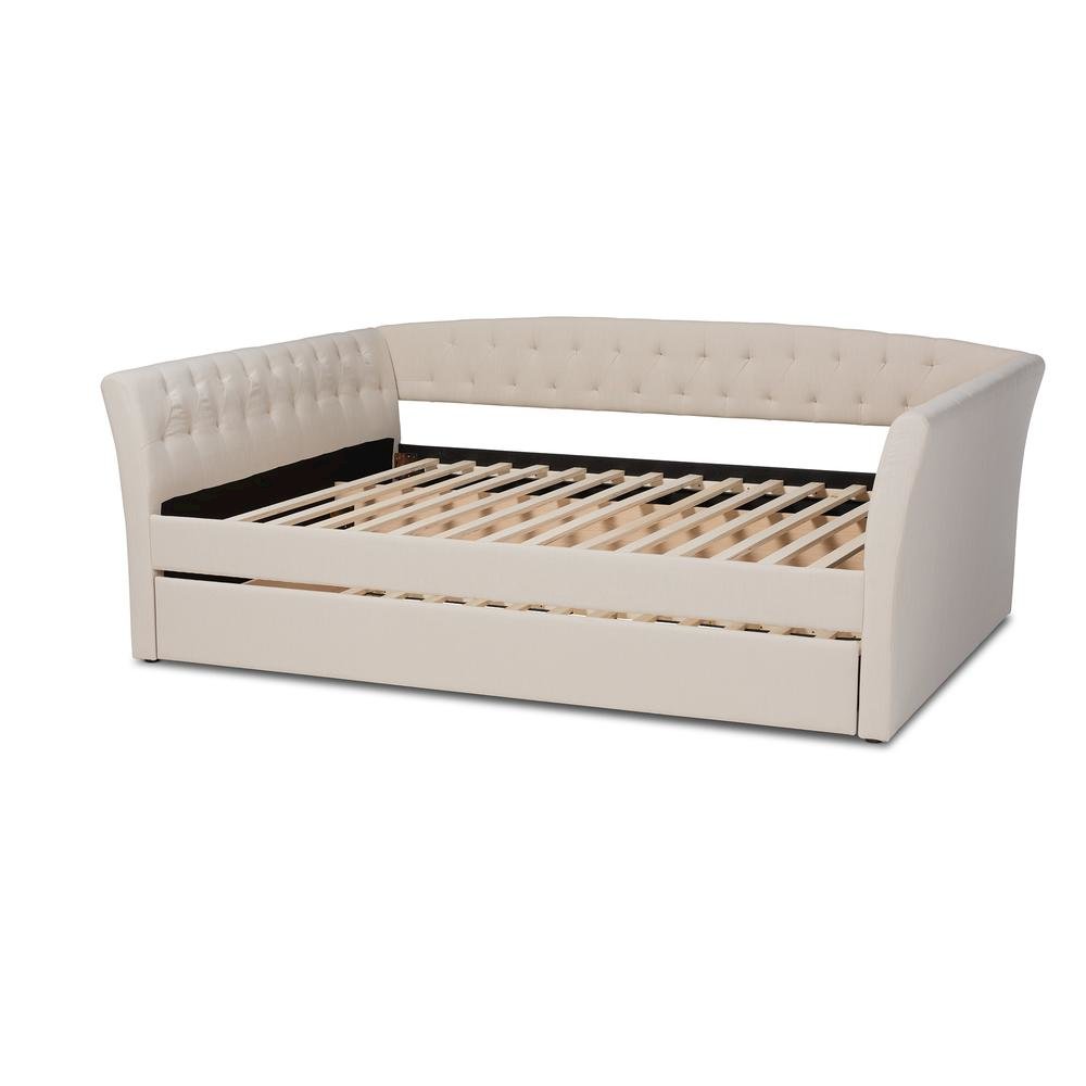 Beige Fabric Upholstered Queen Size Daybed with Roll-Out Trundle Bed. Picture 15