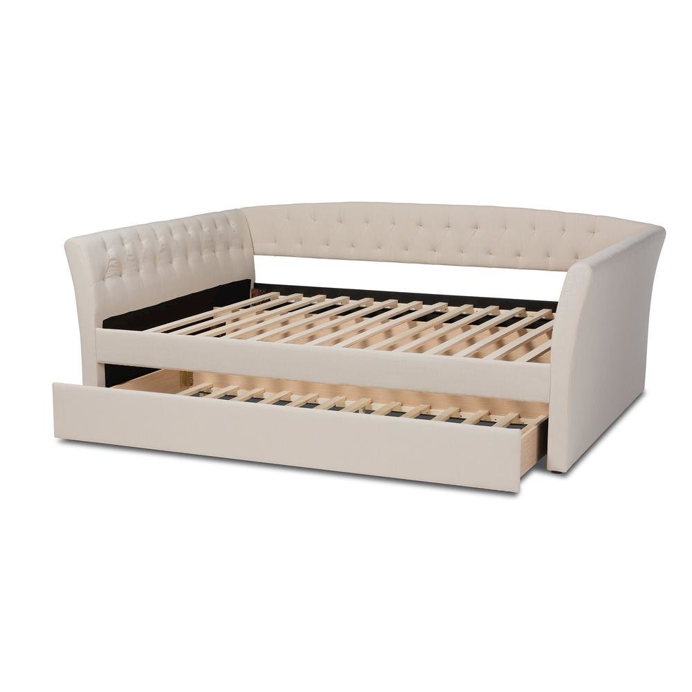 Beige Fabric Upholstered Queen Size Daybed with Roll-Out Trundle Bed. Picture 16