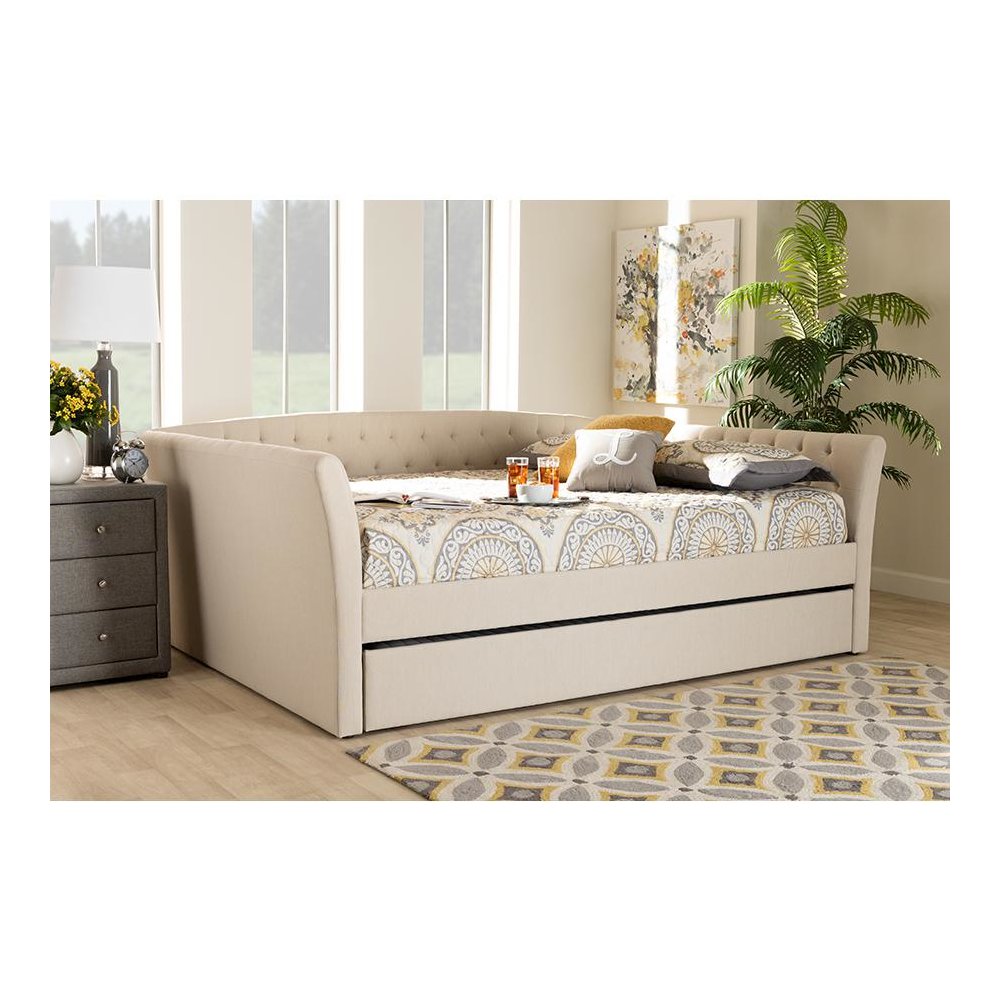 Beige Fabric Upholstered Queen Size Daybed with Roll-Out Trundle Bed. Picture 7
