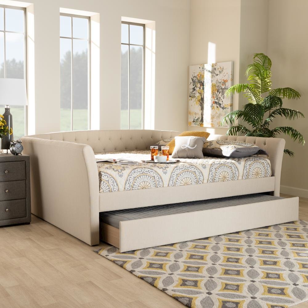 Beige Fabric Upholstered Queen Size Daybed with Roll-Out Trundle Bed. Picture 19