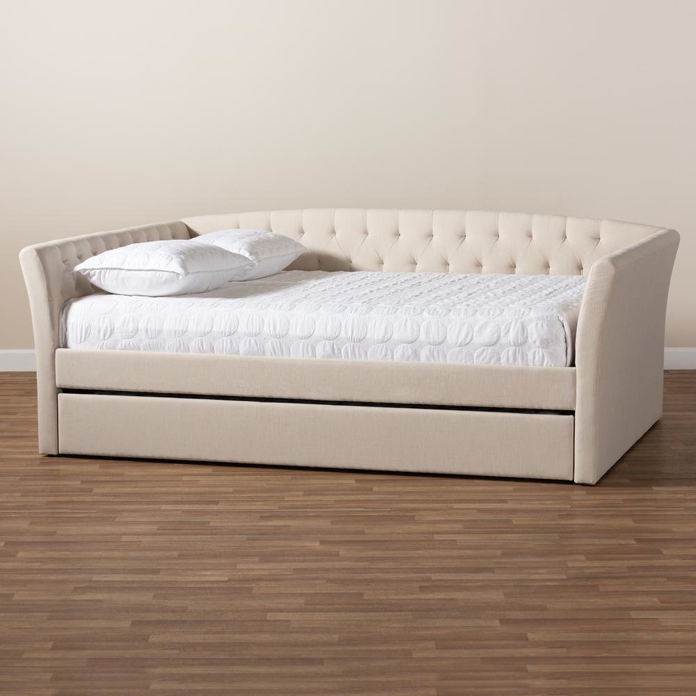 Beige Fabric Upholstered Queen Size Daybed with Roll-Out Trundle Bed. Picture 20