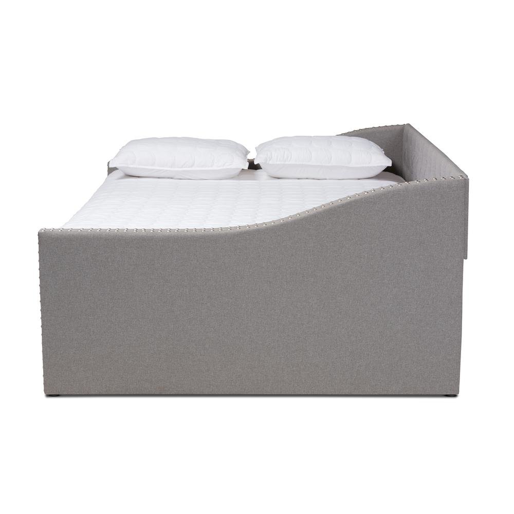 Light Grey Fabric Upholstered Queen Size Daybed with Roll-Out Trundle Bed. Picture 15