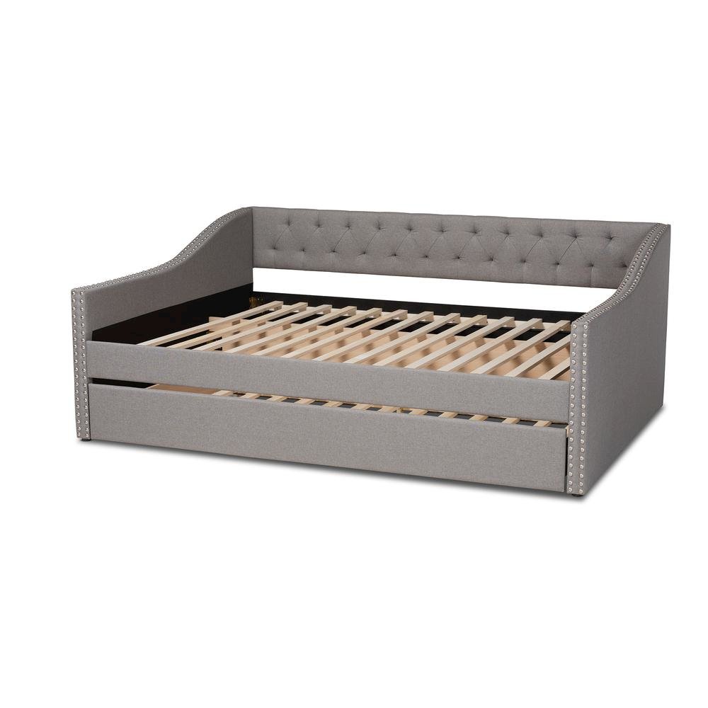 Light Grey Fabric Upholstered Queen Size Daybed with Roll-Out Trundle Bed. Picture 16