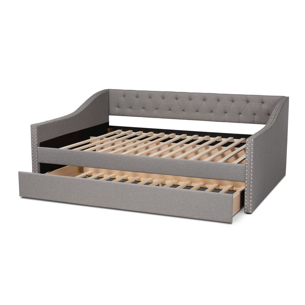Light Grey Fabric Upholstered Queen Size Daybed with Roll-Out Trundle Bed. Picture 17