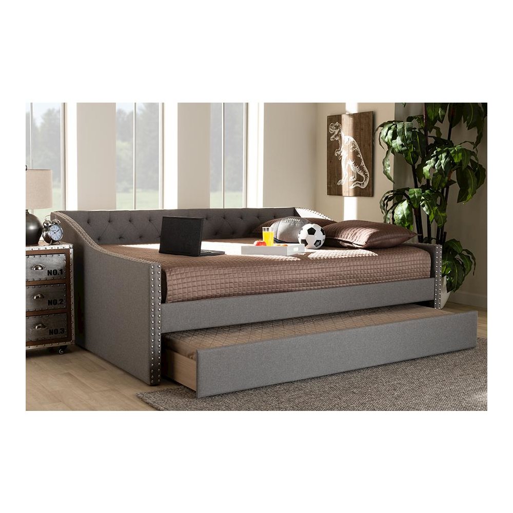 Light Grey Fabric Upholstered Queen Size Daybed with Roll-Out Trundle Bed. Picture 9