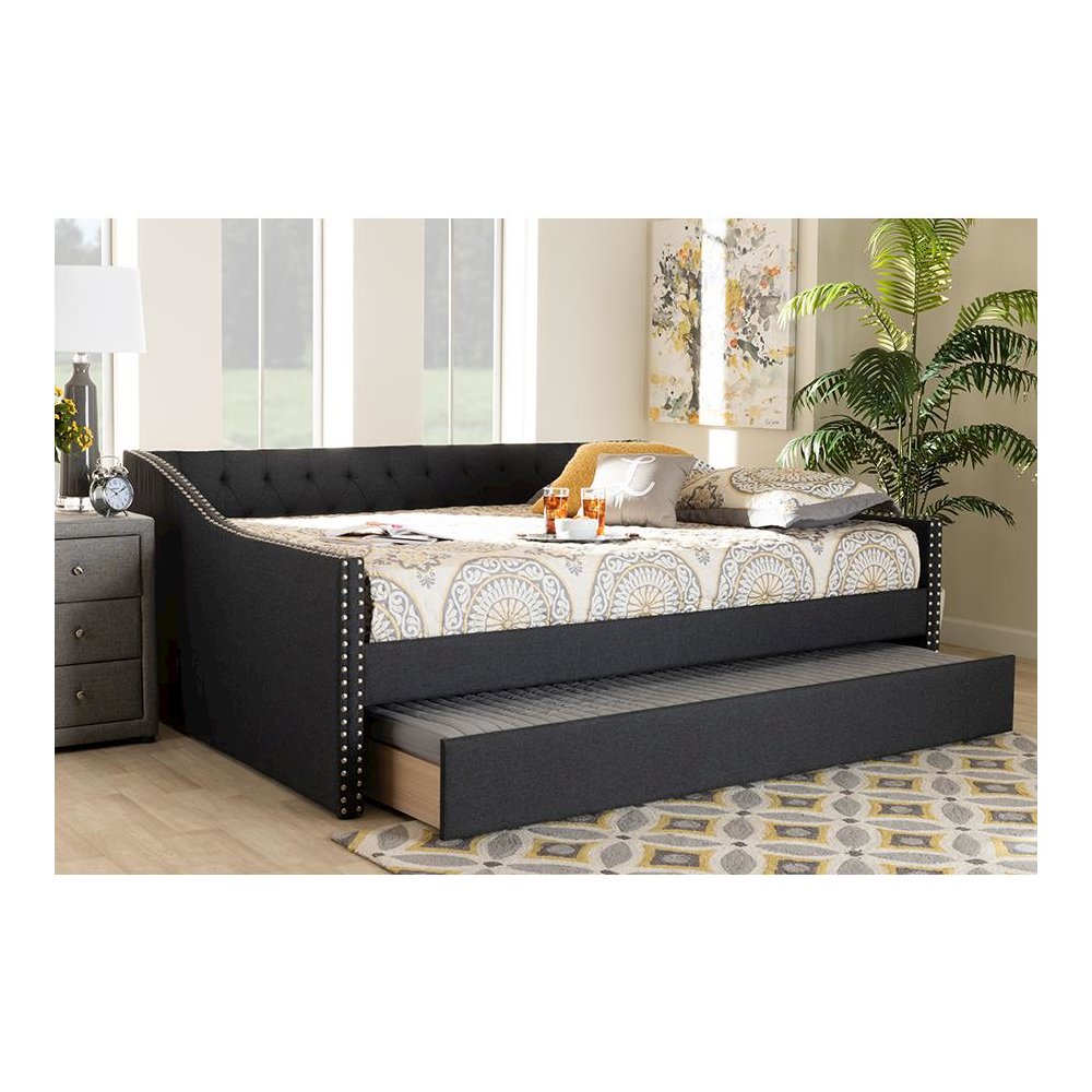 Dark Grey Fabric Upholstered Queen Size Daybed with Roll-Out Trundle Bed. Picture 10