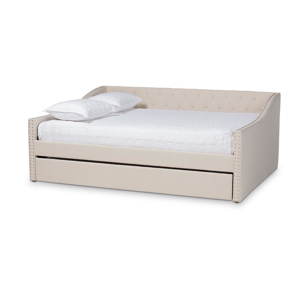 Beige Fabric Upholstered Queen Size Daybed with Roll-Out Trundle Bed. Picture 13
