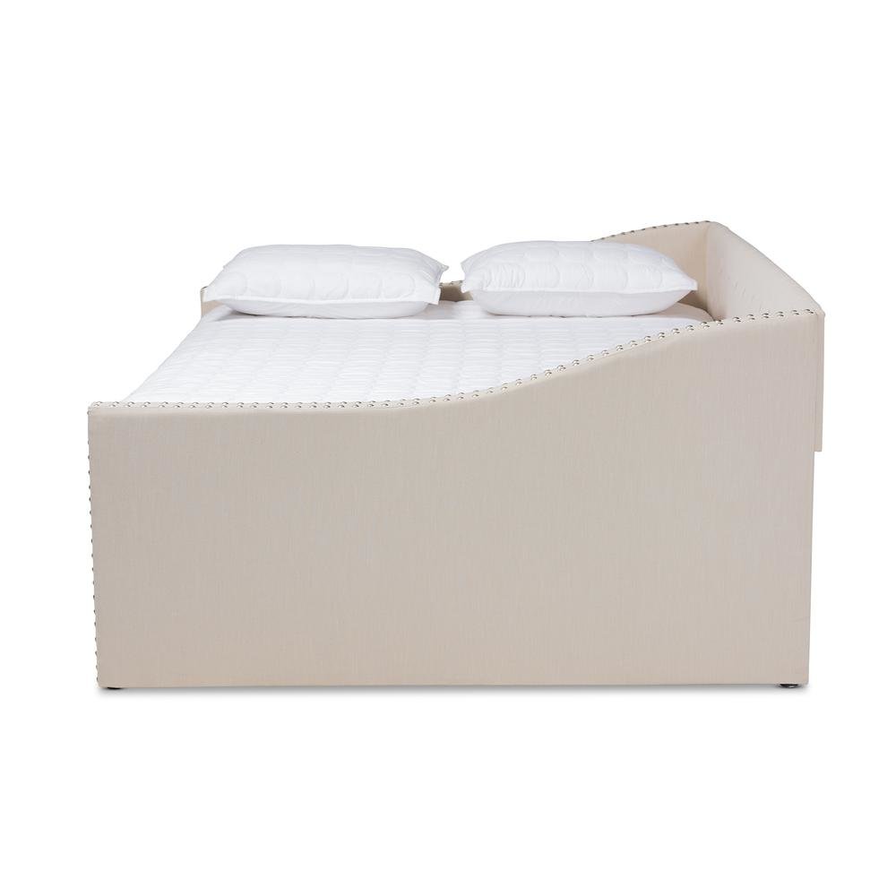 Beige Fabric Upholstered Queen Size Daybed with Roll-Out Trundle Bed. Picture 15