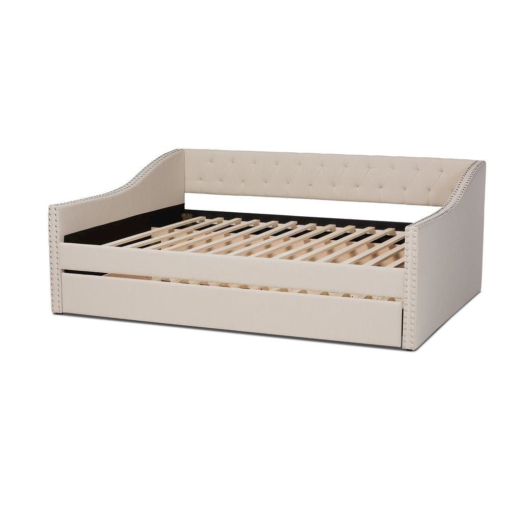 Beige Fabric Upholstered Queen Size Daybed with Roll-Out Trundle Bed. Picture 16