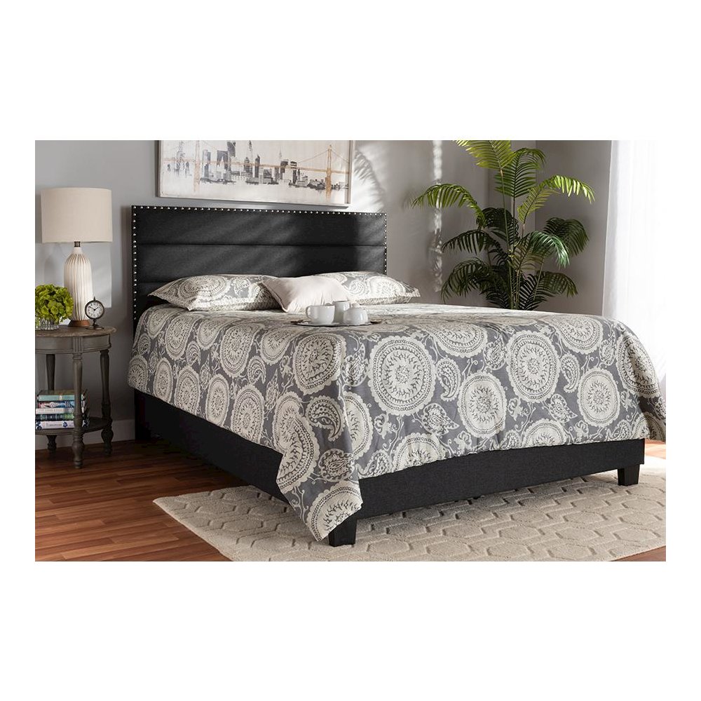 Ansa Modern and Contemporary Dark Grey Fabric Upholstered Queen Size Bed. Picture 6