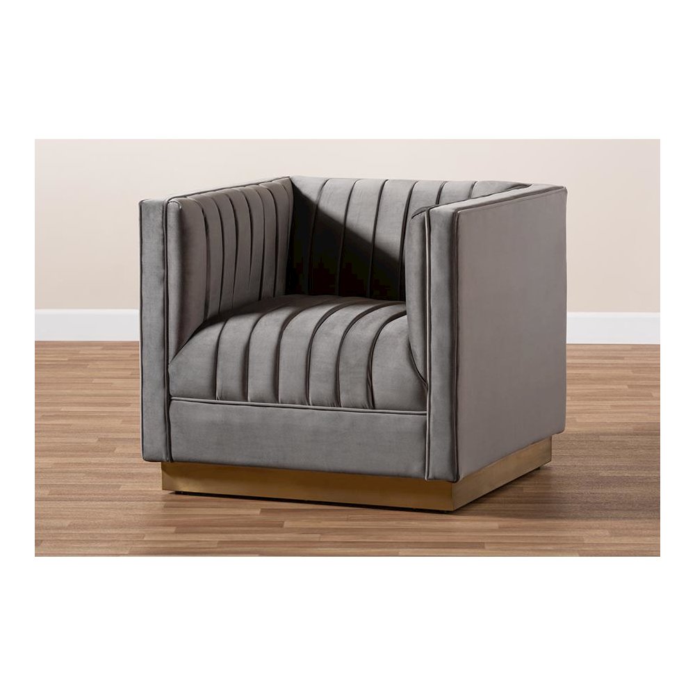 Luxe Grey Velvet Fabric Upholstered Brushed Gold Finished Armchair. Picture 19