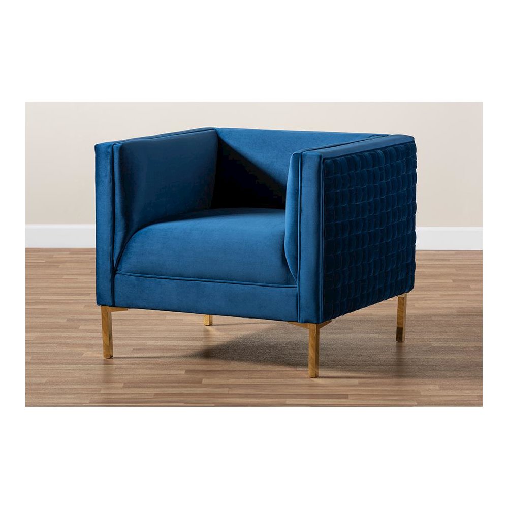 Luxe Navy Blue Velvet Fabric Upholstered Gold Finished Armchair. Picture 19