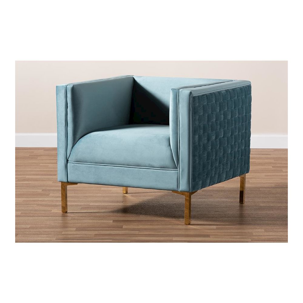 Luxe Light Blue Velvet Fabric Upholstered Gold Finished Armchair. Picture 19
