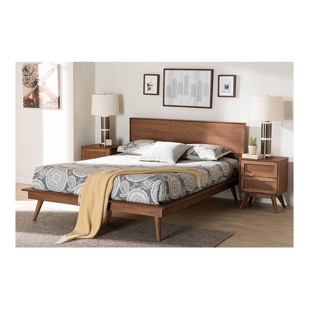 Walnut Brown Finished Wood and Rattan King Size 3-Piece Bedroom Set. Picture 10