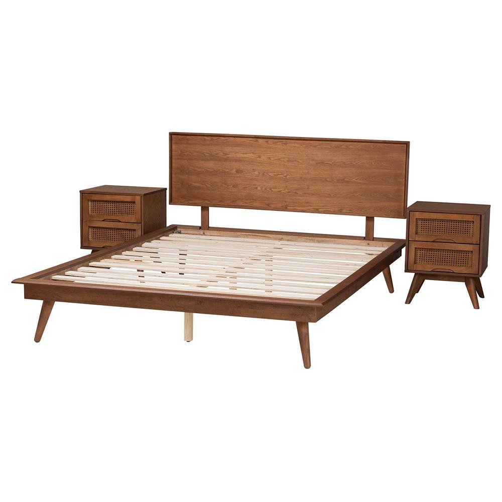 Walnut Brown Finished Wood and Rattan King Size 3-Piece Bedroom Set. Picture 16