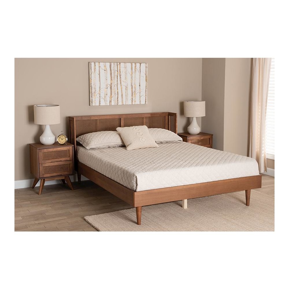 Ash Walnut Finished Wood 3-Piece Queen Size Bedroom Set with Synthetic Rattan. Picture 10