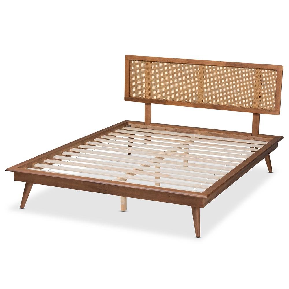 Walnut Brown Finished Wood and Synthetic Rattan Queen Size Platform Bed. Picture 13