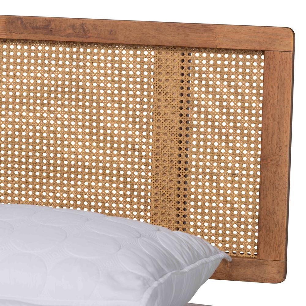 Walnut Brown Finished Wood and Synthetic Rattan Queen Size Platform Bed. Picture 14