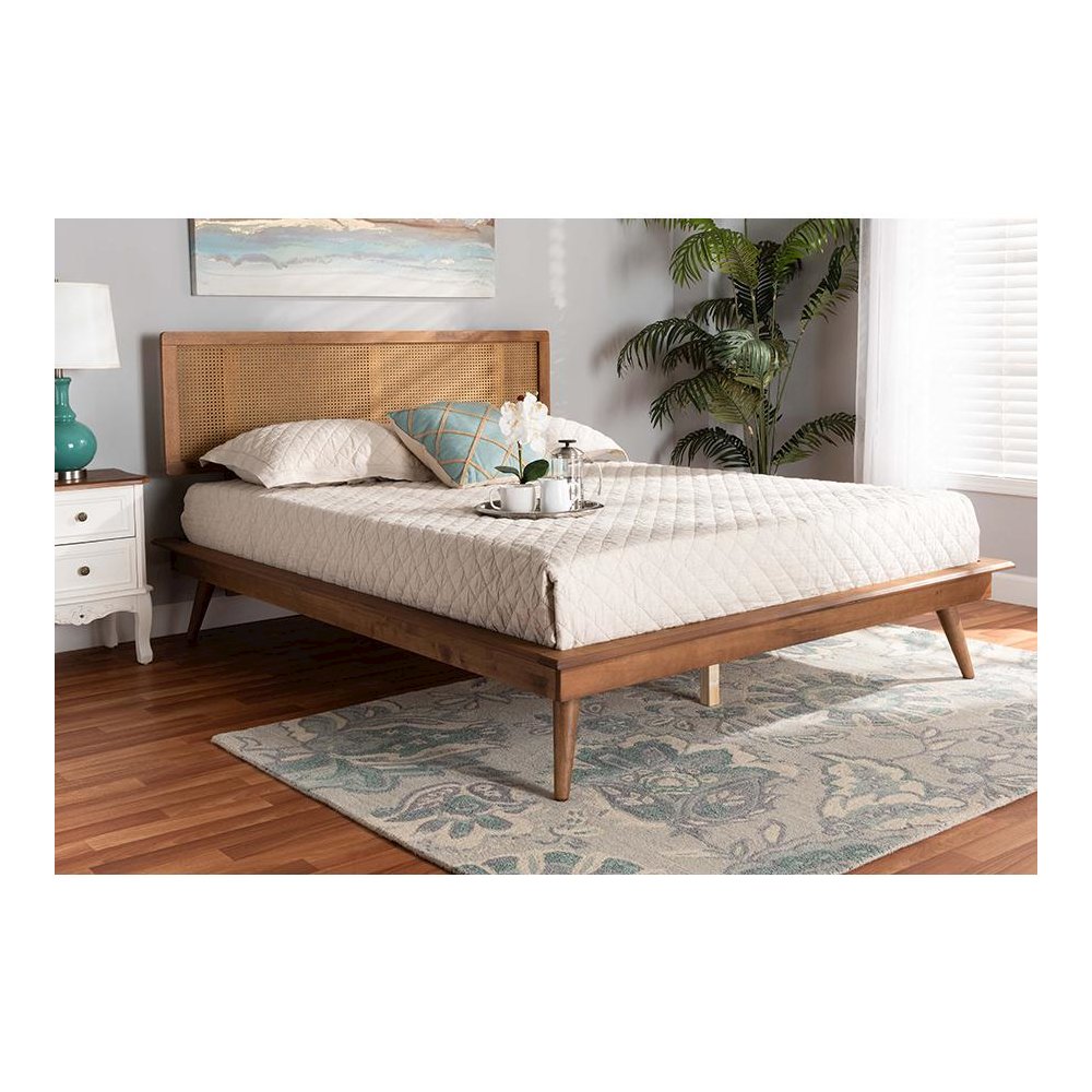 Walnut Brown Finished Wood and Synthetic Rattan Queen Size Platform Bed. Picture 6