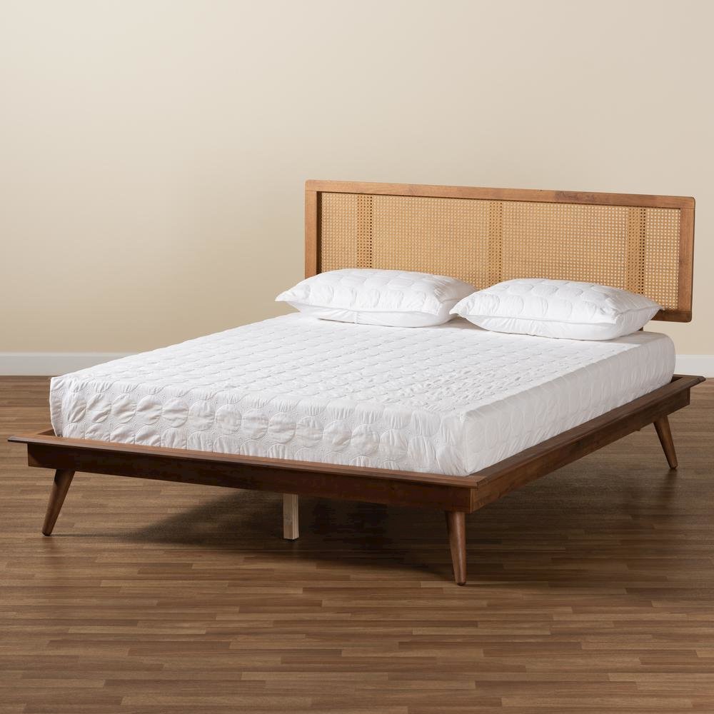 Walnut Brown Finished Wood and Synthetic Rattan Queen Size Platform Bed. Picture 17