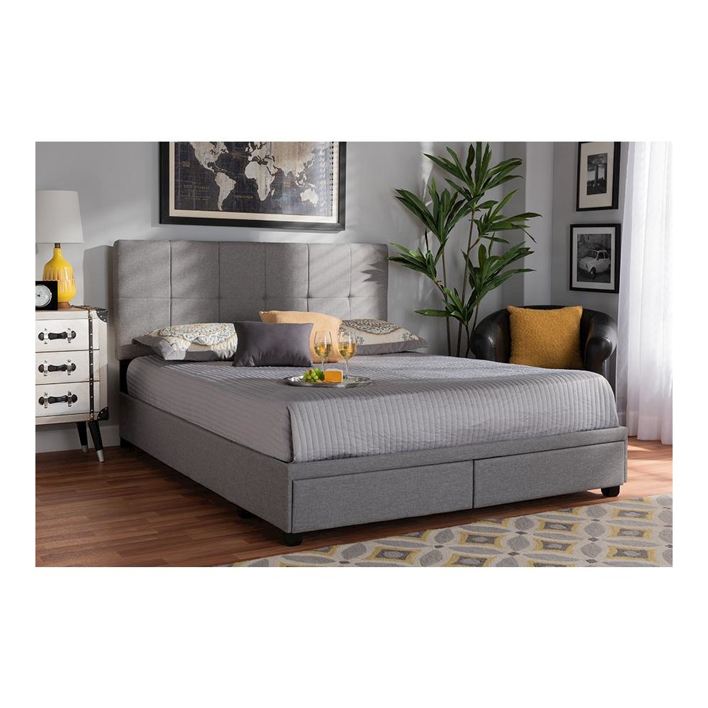 Netti Light Grey Fabric Upholstered 2-Drawer King Size Platform Storage Bed. Picture 8